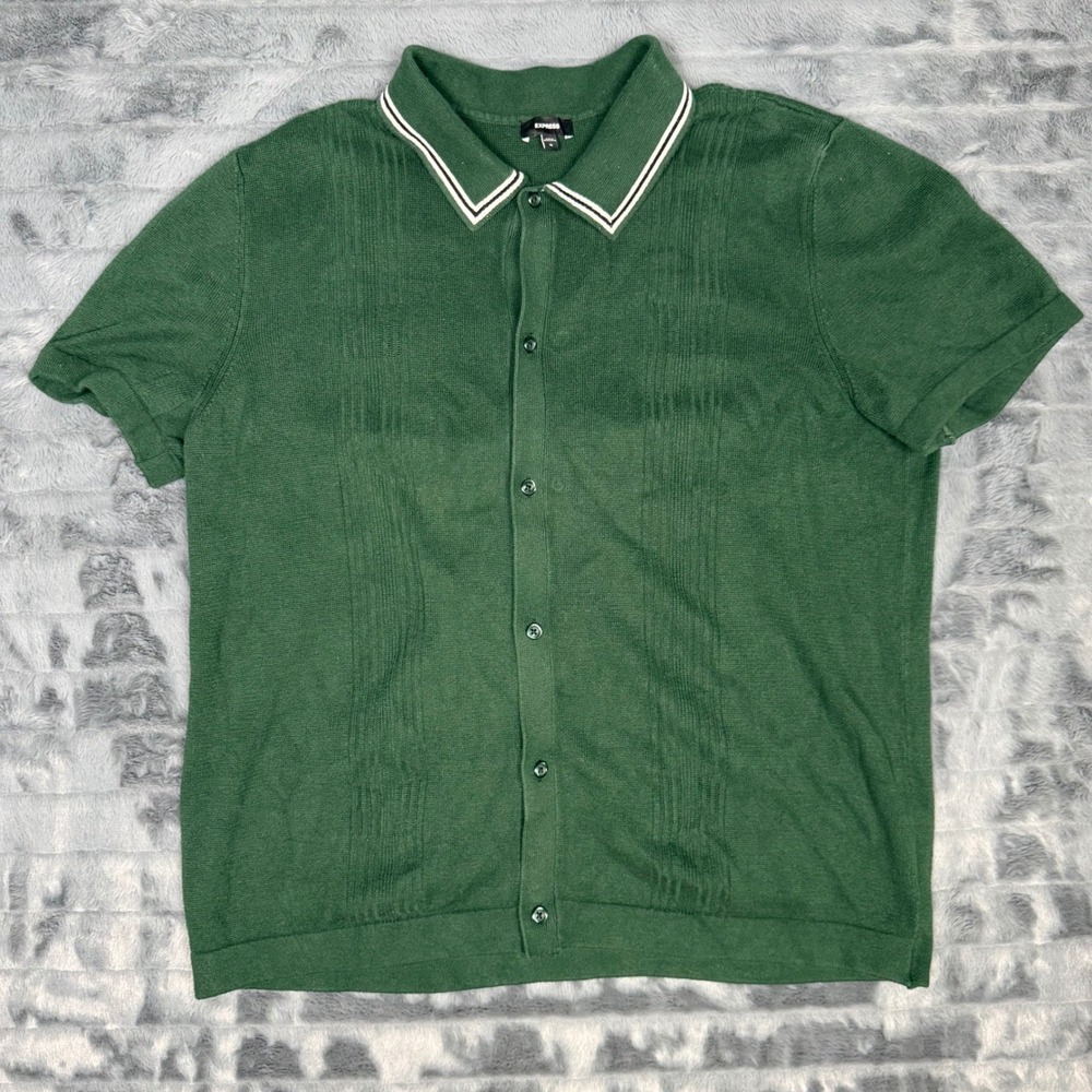 Express Mens XL Green Button Front Knit Polo Shirt Short Sleeve Tipped Collar